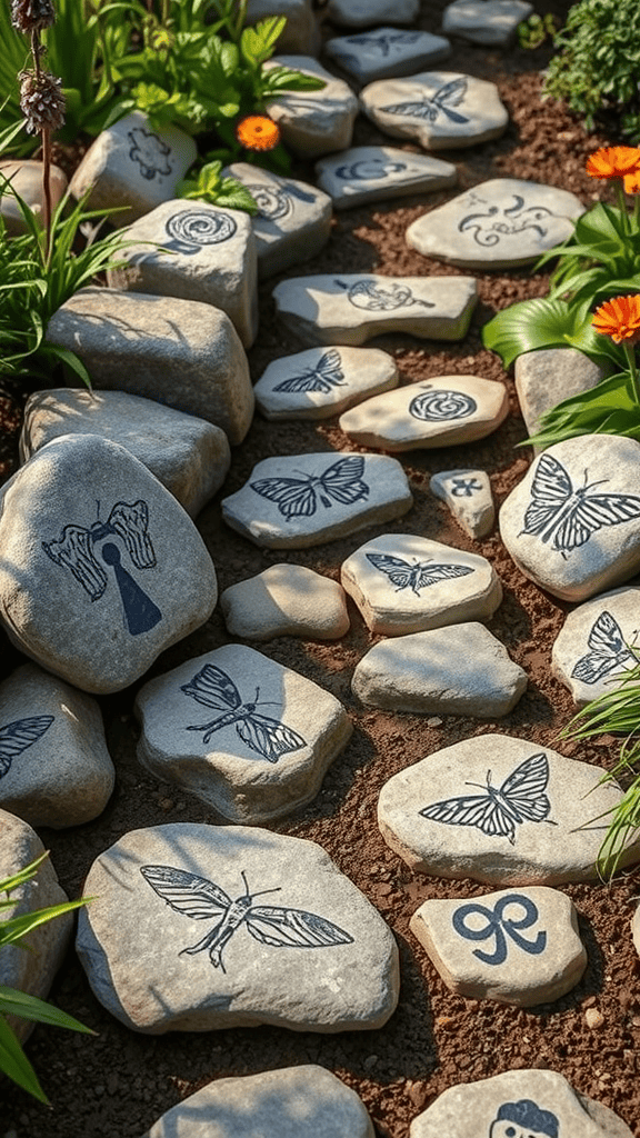 Decorative stone pathway markers featuring designs like butterflies and swirls