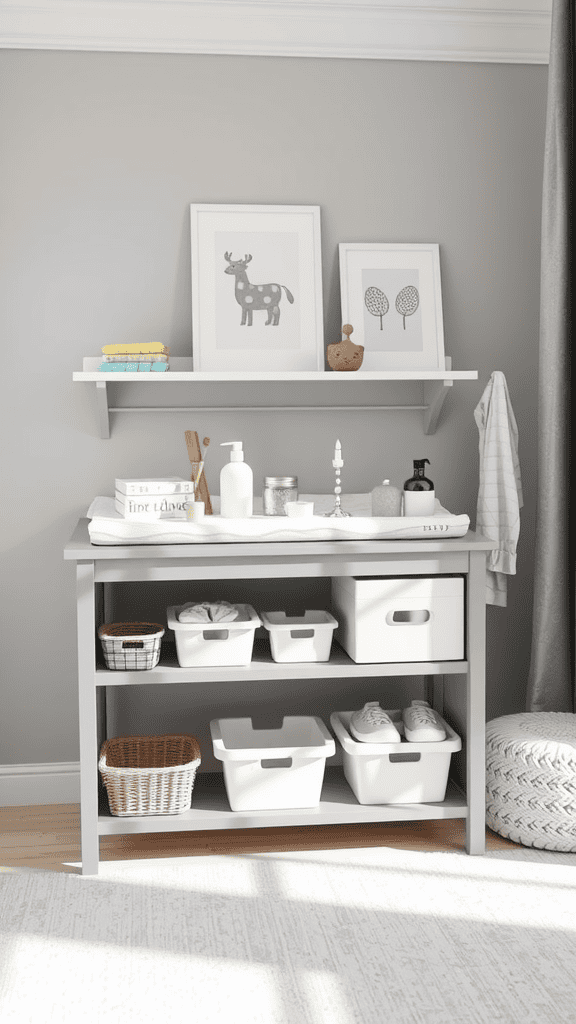 A stylish changing table with storage, featuring baskets and decorative items.