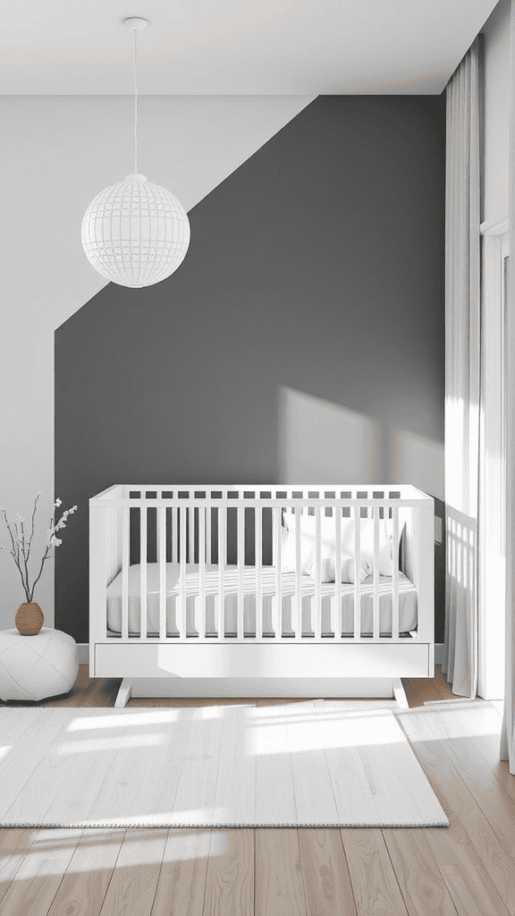 A stylish crib in a neutral-toned nursery with soft textures and bold wall colors.