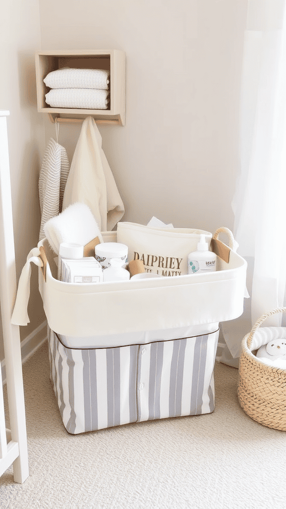 A stylish diaper caddy filled with diapers and baby products, set against a neutral wall.