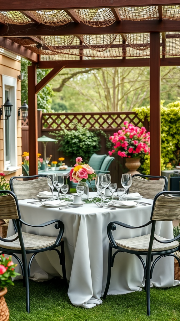 An outdoor dining set with a round table, white tablecloth, and decorative glassware, surrounded by flowers.