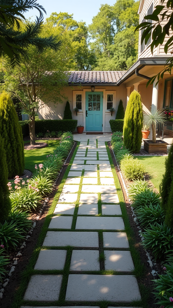 Stylized pathway leading to a home patio with decorative elements.