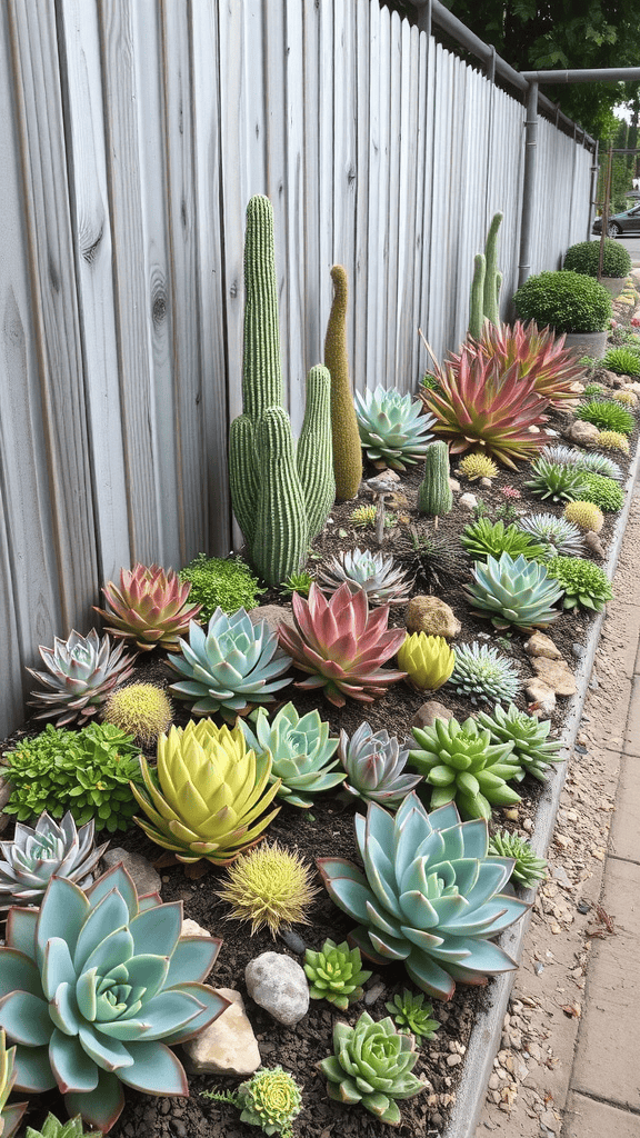 A vibrant succulent garden bed featuring various types of succulents and cacti arranged along a wooden fence.