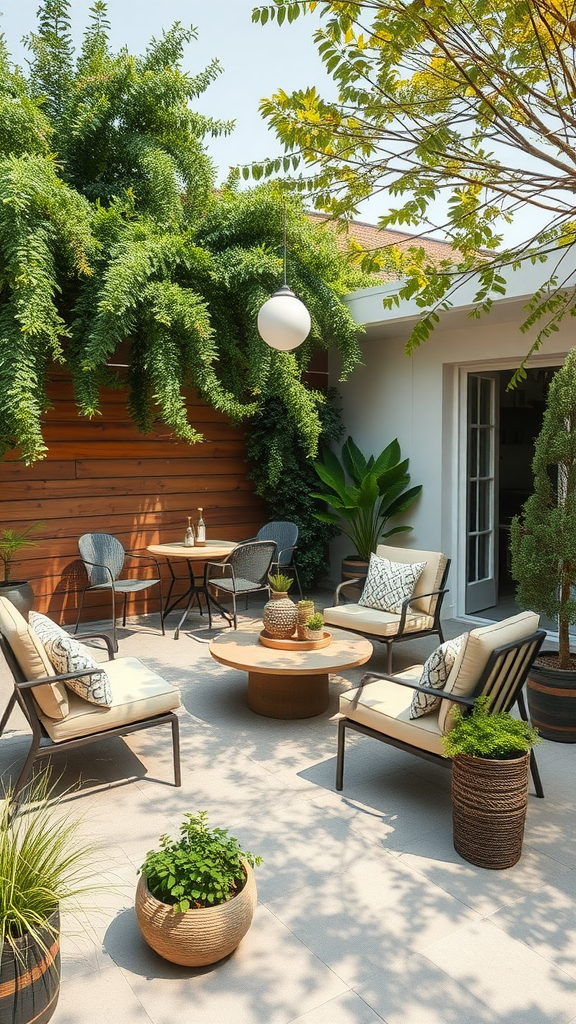 A cozy patio with sustainable furniture and greenery.