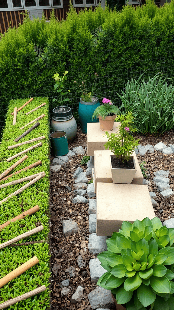 A neatly organized garden with a hedge, plants in pots, and decorative wooden sticks.