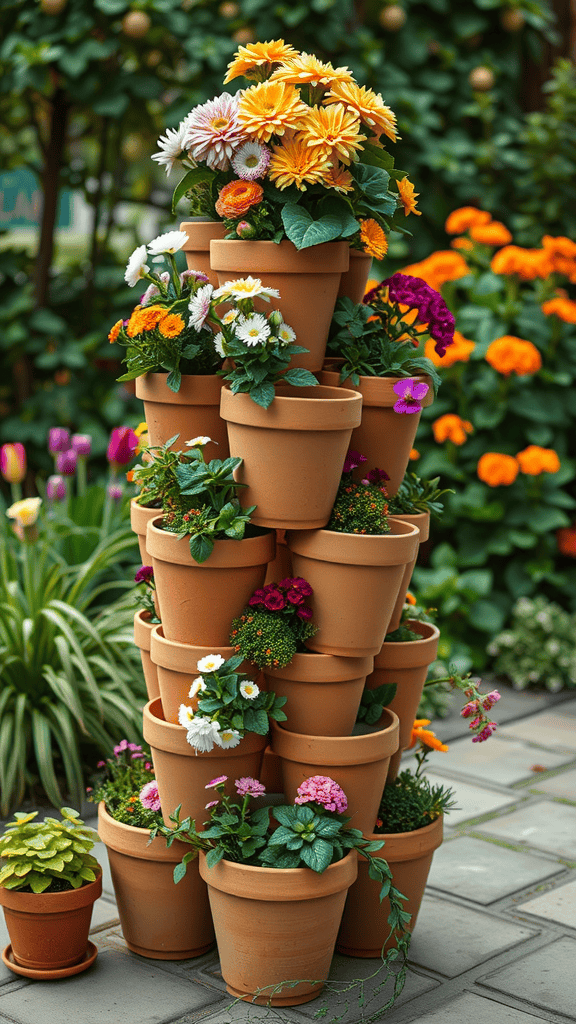 A stack of terracotta pots filled with colorful flowers in a garden.