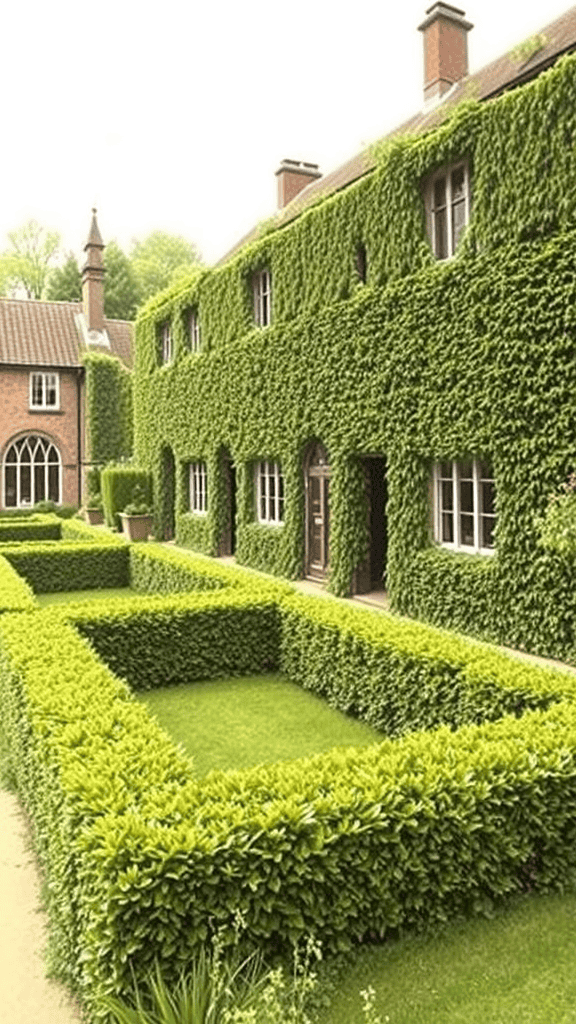 A lush green garden with hedges and ivy-covered buildings.