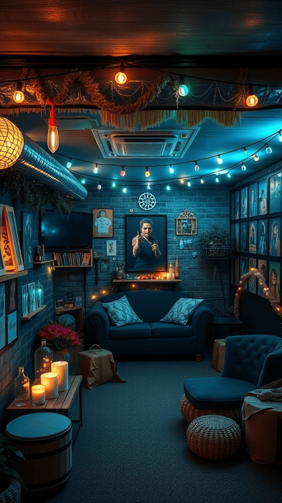 A cozy, decorated space with string lights, candles, and unique wall art for theme nights.