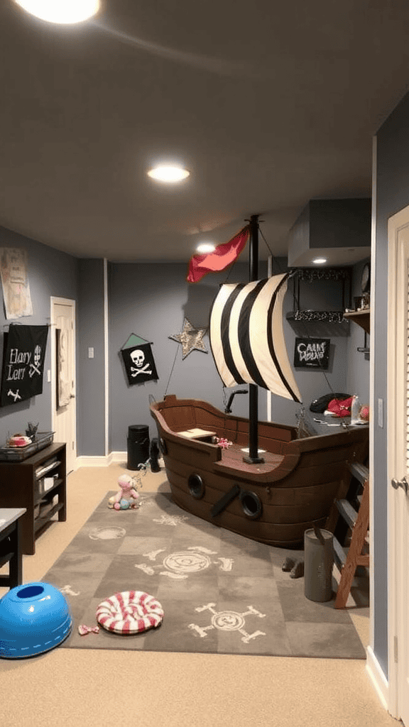 A pirate-themed playroom with a ship bed, colorful decor, and playful furniture.