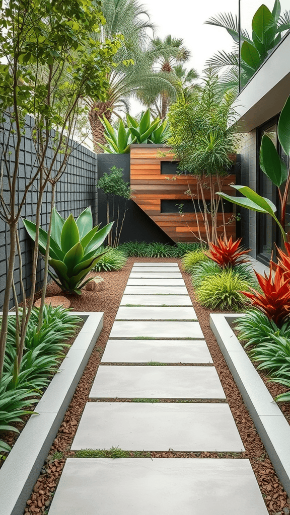 A modern garden with a tiled pathway surrounded by lush greenery and vibrant plants.