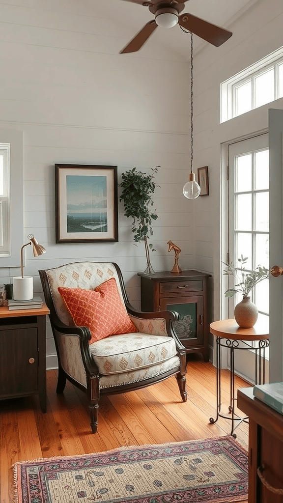 A cozy living room in a vintage tiny house featuring a patterned armchair, wooden furniture, and natural light.