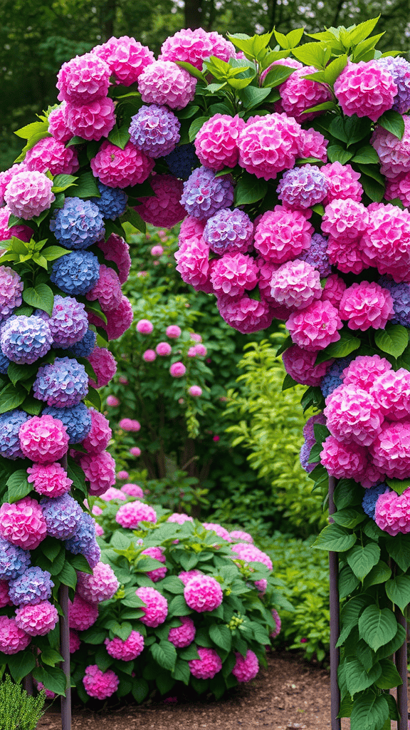 A trellis arch adorned with pink and blue climbing hydrangeas in a garden