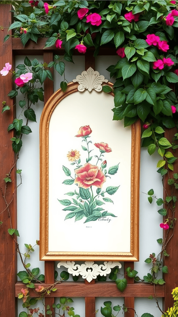 A trellis adorned with colorful flowers and a framed artwork of plants