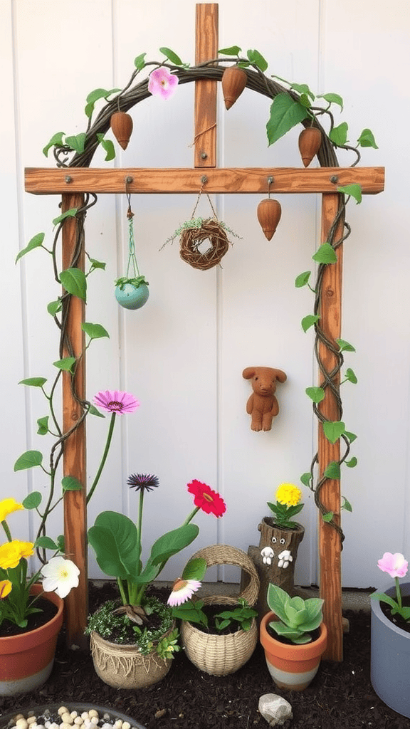 Wooden trellis adorned with greenery and colorful flower pots, featuring whimsical garden elements.