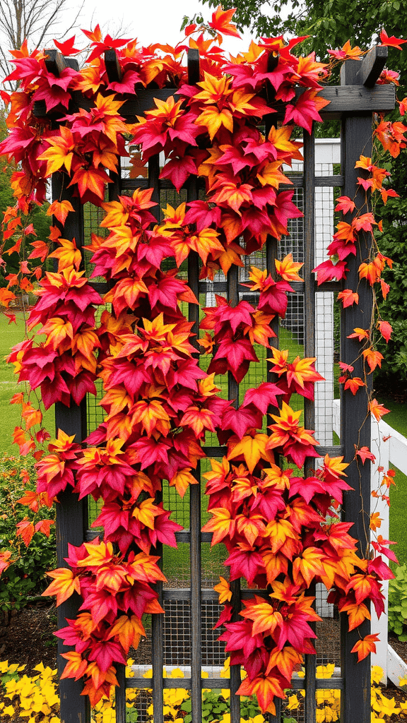 A trellis covered with colorful fall foliage in shades of red and yellow.