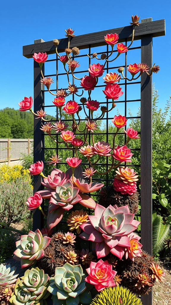 A trellis adorned with colorful succulent plants, featuring pink flowers and lush green succulents.