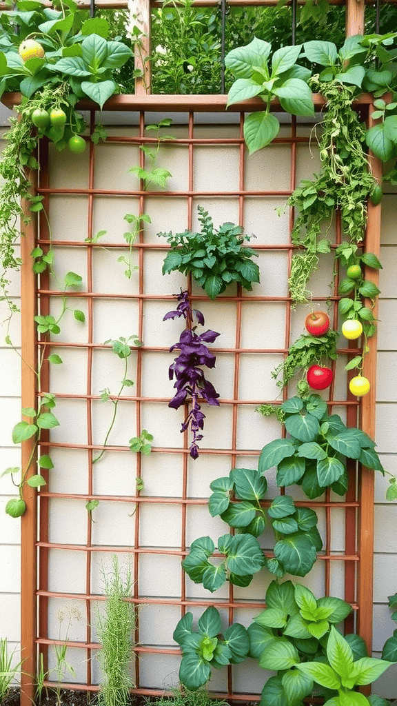 A trellis with various plants like tomatoes, herbs, and leafy greens growing vertically.