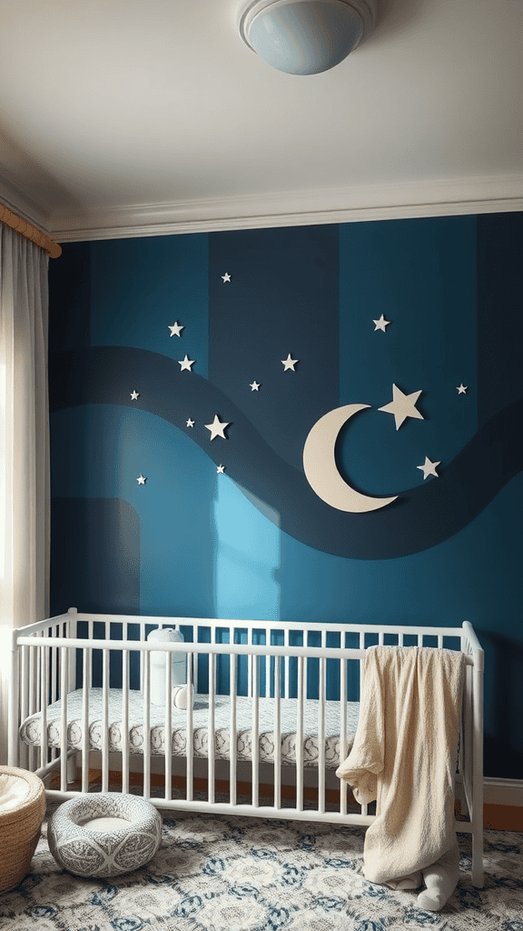 A nursery with a twilight blue accent wall featuring stars and a moon.