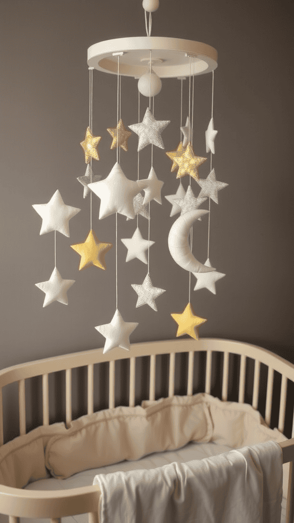 A soft and colorful star mobile hanging above a crib, featuring stars and a crescent moon.