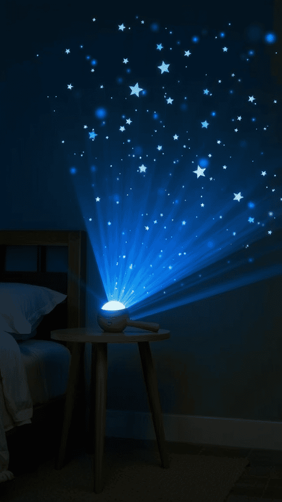 A blue twinkling star projector on a nightstand, casting stars on the wall.