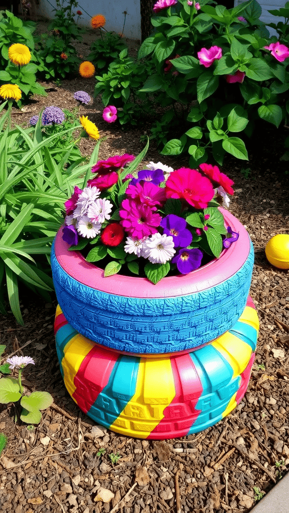 Colorful upcycled tire planters filled with flowers in a garden