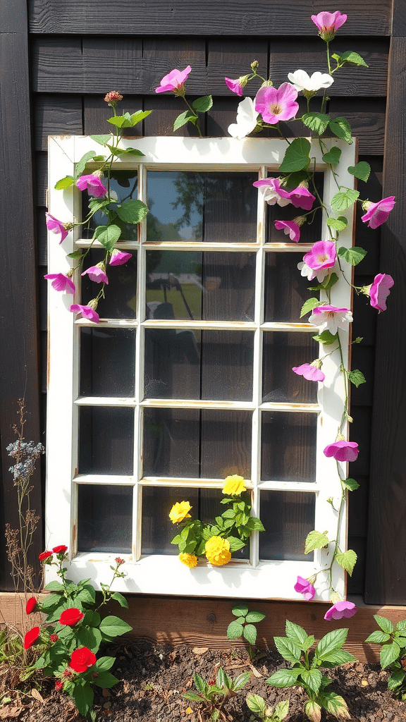 An upcycled window frame trellis adorned with colorful flowers.