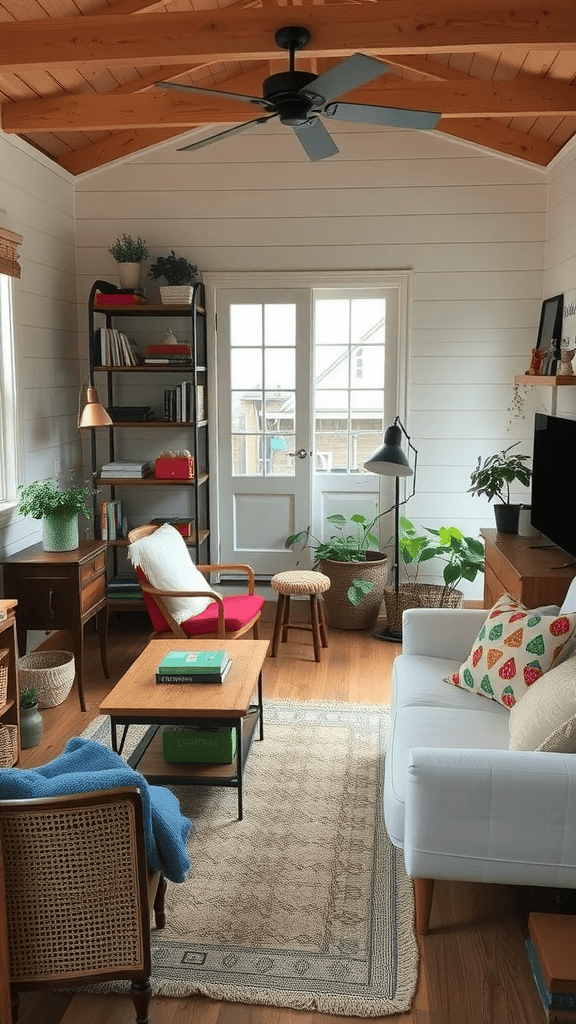 Cozy vintage tiny house living room with upcycled furniture.