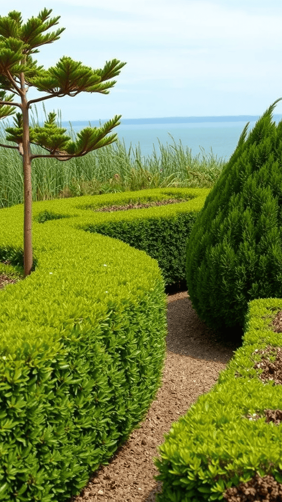 A coastal garden featuring neatly trimmed hedges and a tree, with a view of the ocean in the background.