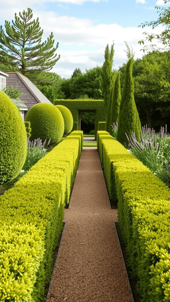 A well-maintained garden with neatly trimmed hedges lining a sandy path.