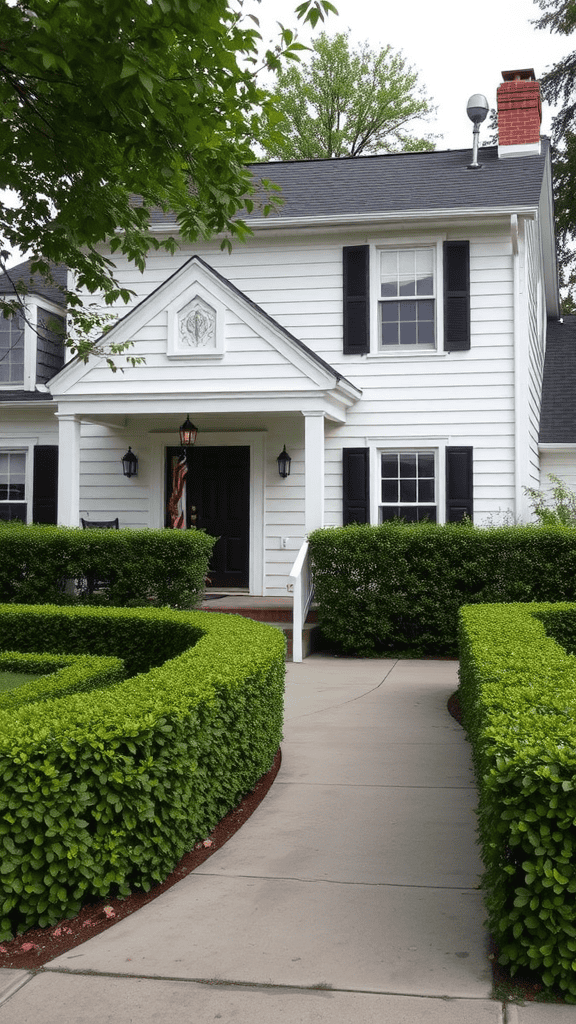 A charming house with neatly trimmed hedges framing the pathway and entrance.