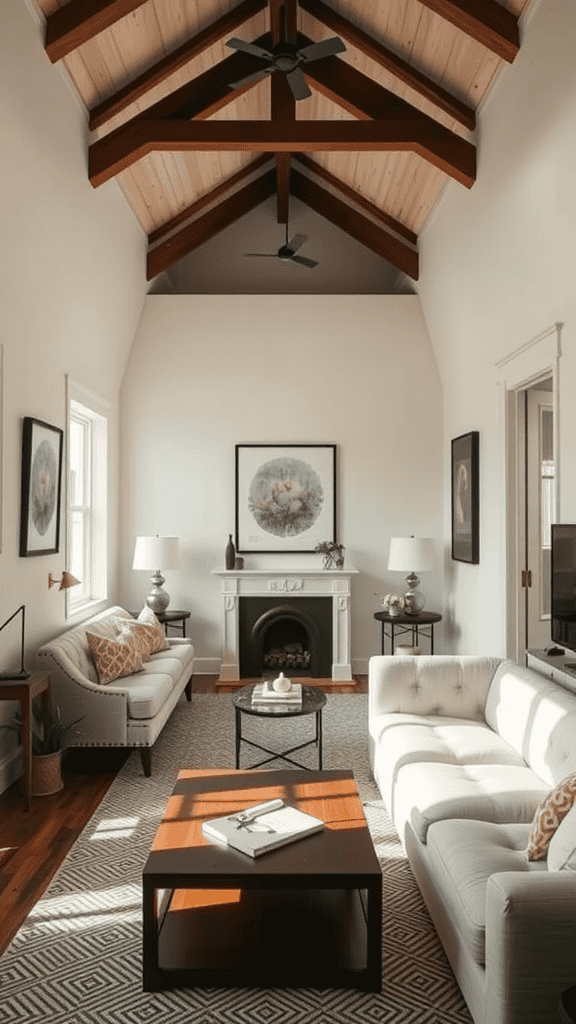 A vintage tiny house living room with high ceilings and elegant decor.