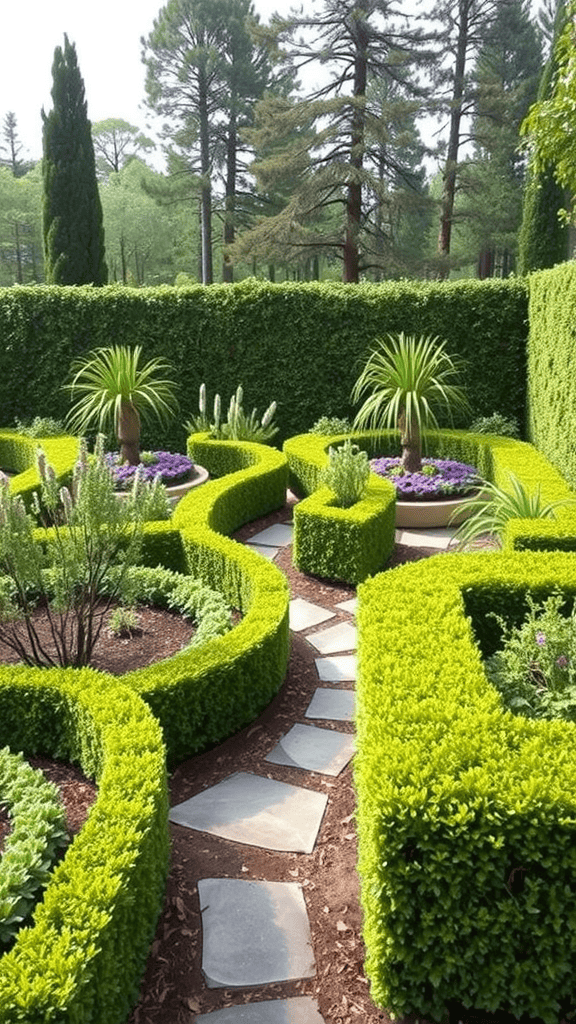 A beautifully landscaped garden with hedges and stone pathways.