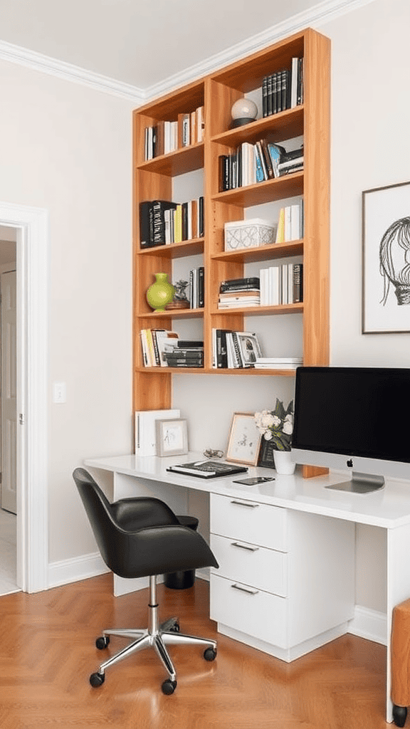 A stylish home office featuring tall bookshelves, a desk, and large windows