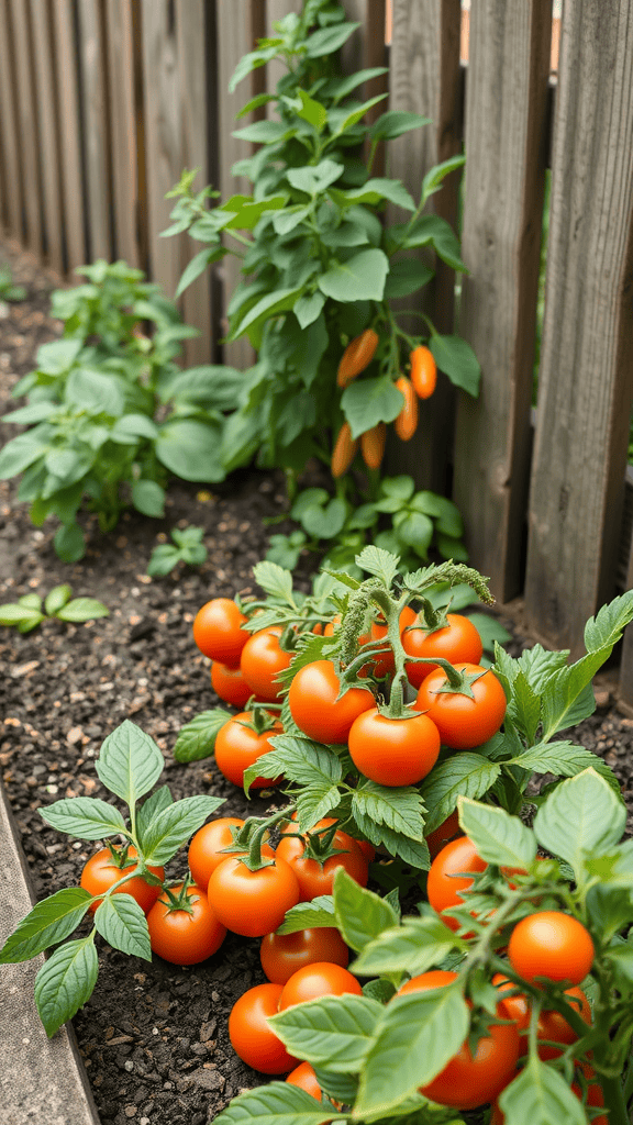 A vibrant vegetable garden with ripe orange tomatoes and green pepper plants along a wooden fence.