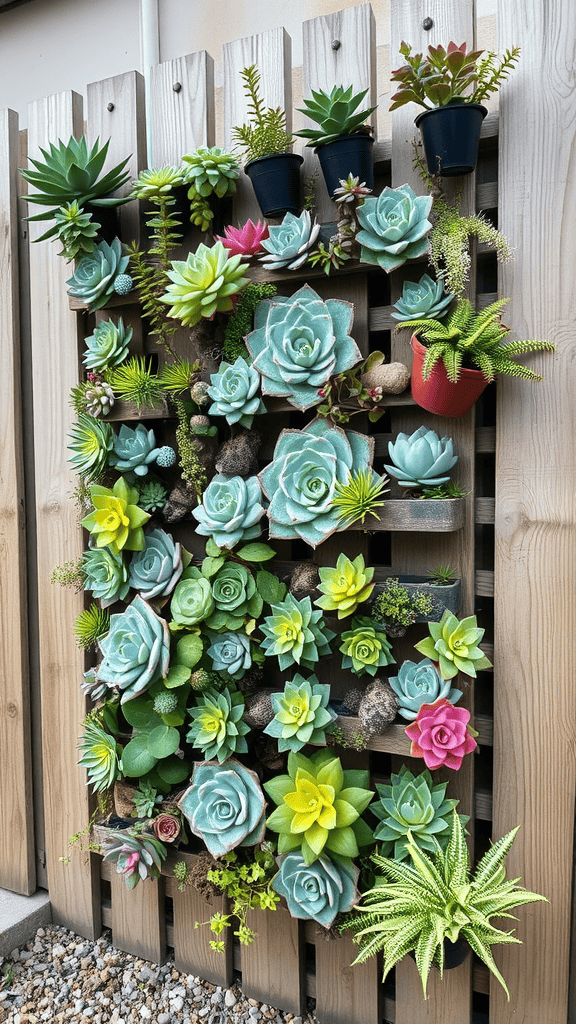 A vertical garden fence featuring a variety of colorful succulents and plants.