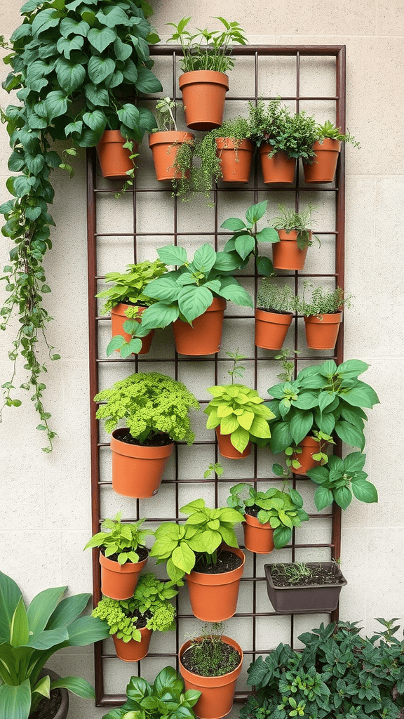 Vertical garden trellis with various potted plants arranged artistically.