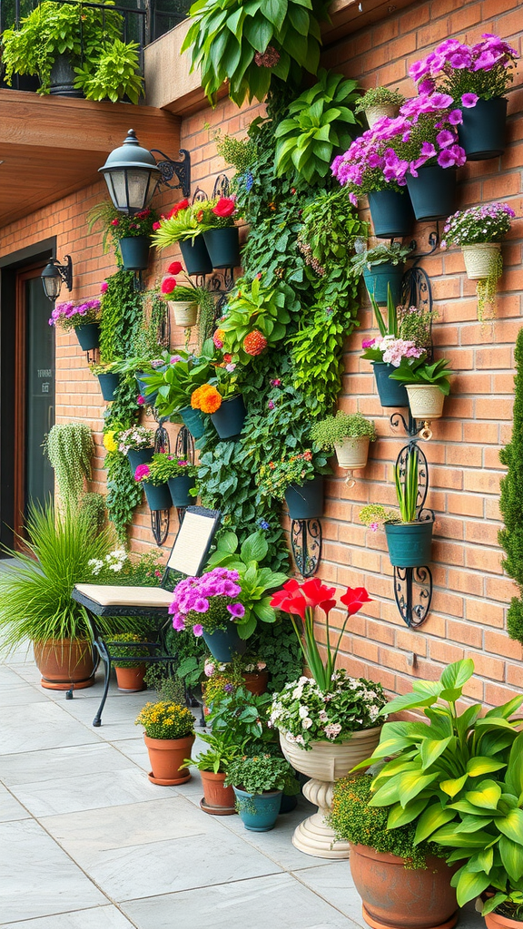 A beautiful vertical garden wall adorned with colorful flowers and greenery, creating a lively outdoor space.