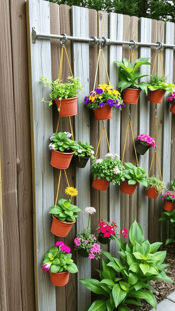 A wall-mounted vertical planter with various colorful flowers in pots.