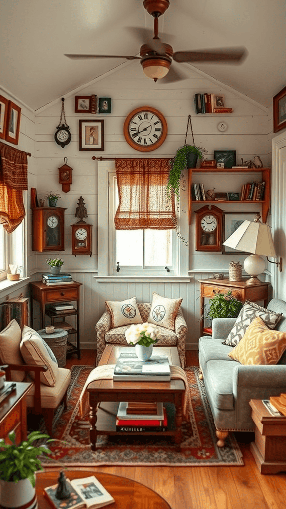 Cozy vintage living room with clocks, books, and trinkets on display