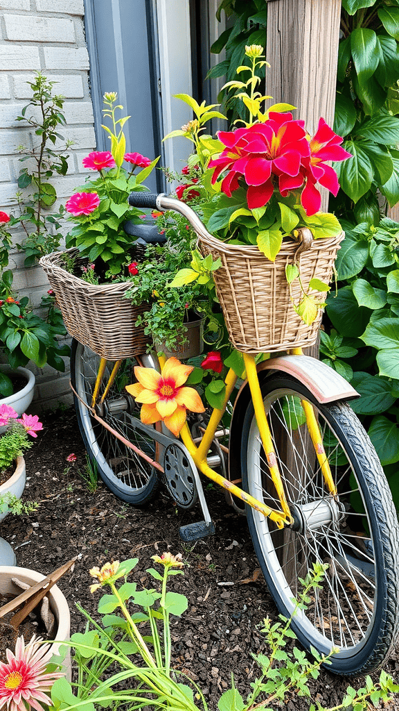 A vintage yellow bicycle transformed into a planter with vibrant flowers in its baskets.