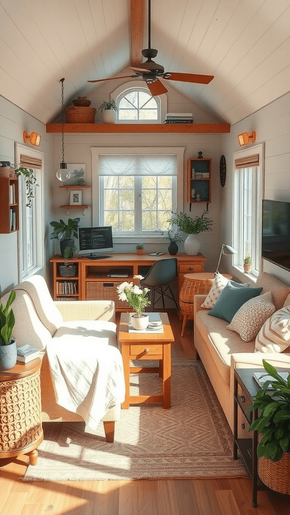 Cozy vintage tiny house living room with earthy tones, pastels, and natural decor.
