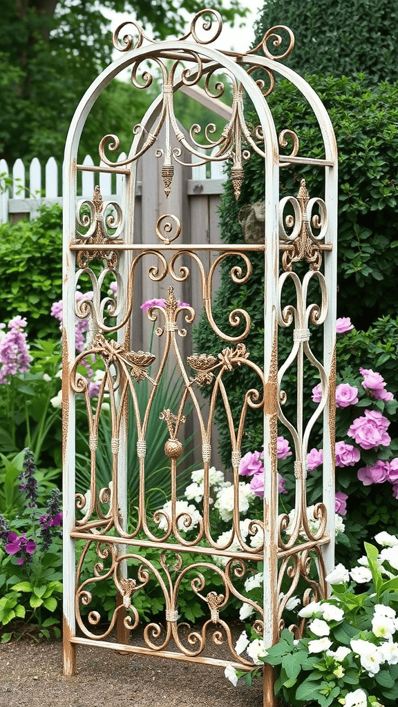 A vintage iron garden trellis surrounded by colorful flowers in a garden.