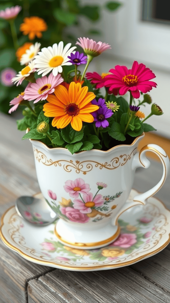 A vintage tea cup filled with colorful flowers on a wooden surface.