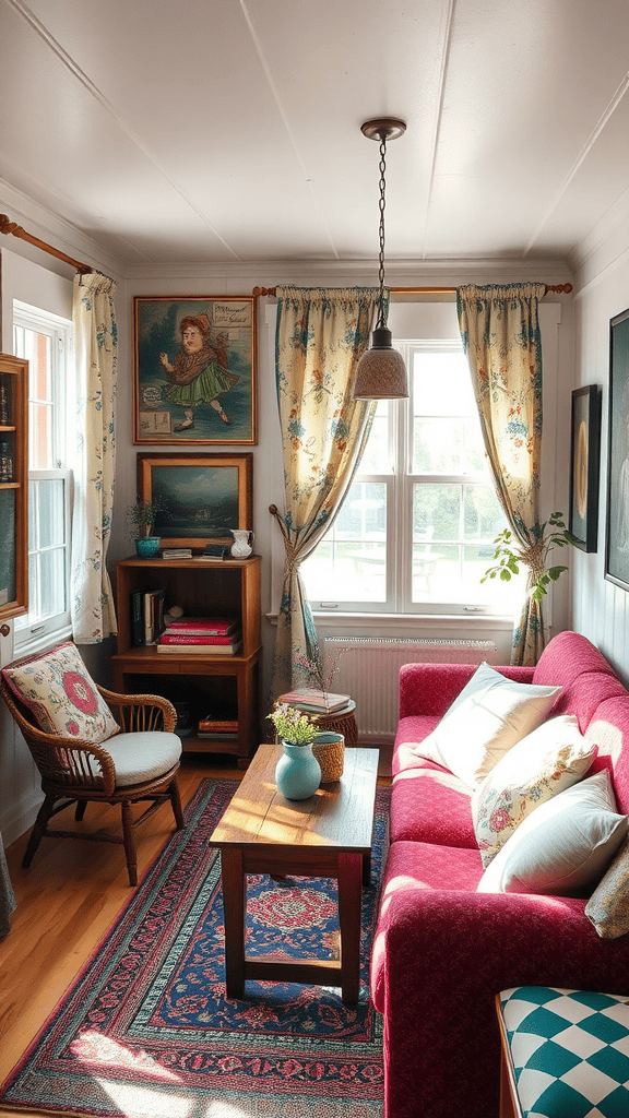 A cozy vintage living room with colorful curtains and cushions.
