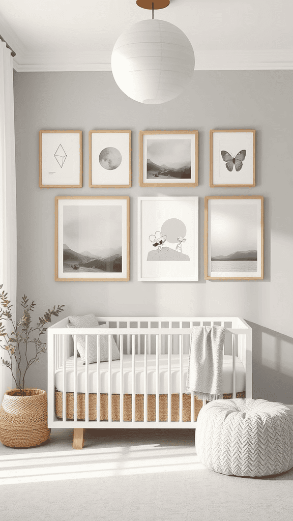 A nursery with a white crib and a collection of black and white framed wall art.