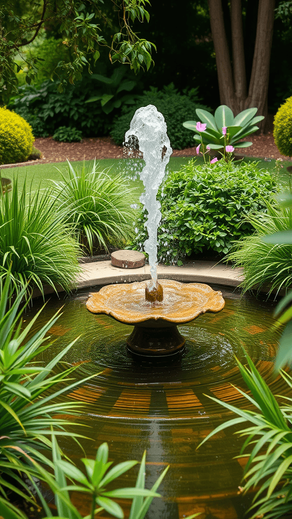 A serene garden fountain surrounded by greenery and flowers.