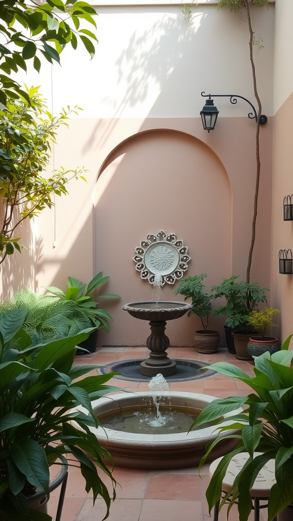 A serene patio with a water fountain surrounded by lush greenery