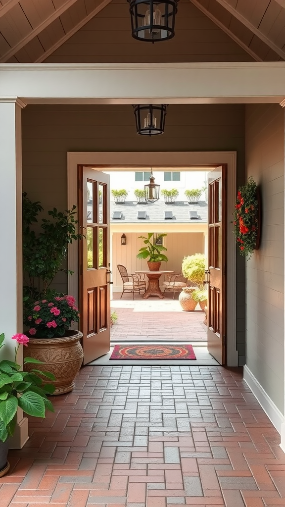 A welcoming patio entryway with open doors, flower pots, and a cozy rug.