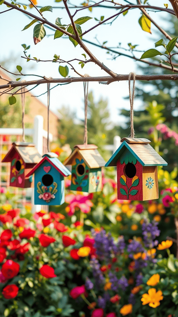 Colorful birdhouses hanging from a branch in a vibrant garden