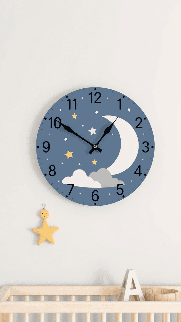 A whimsical wall clock featuring a moon and stars design.